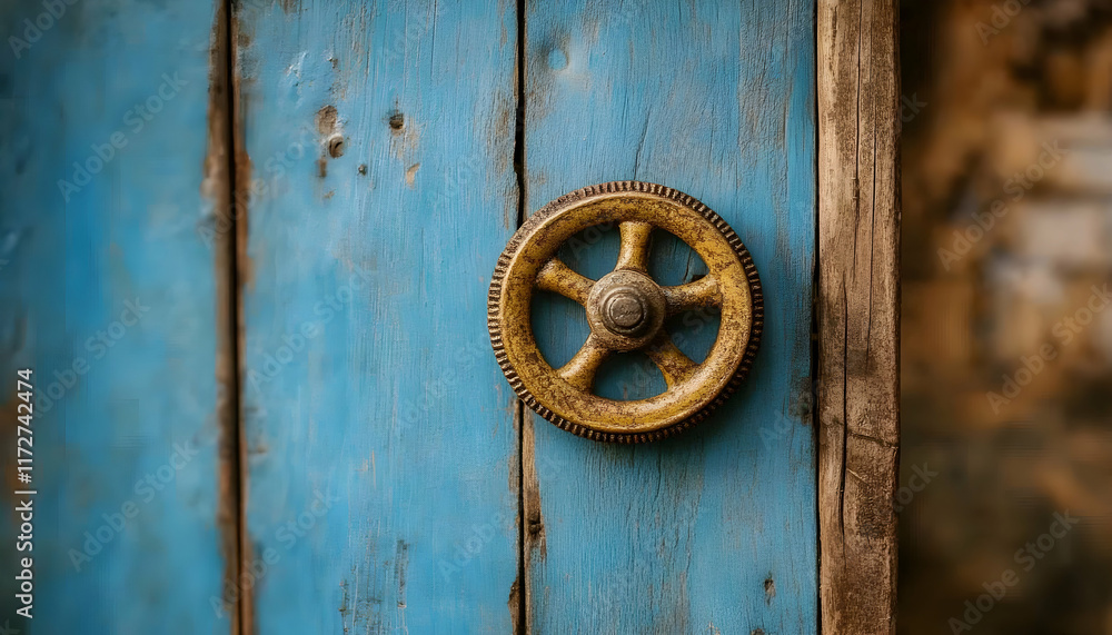 Fototapeta premium Rustic aged yellow metal wheel on weathered blue wooden door. Perfect for vintage, industrial, or rustic design projects.