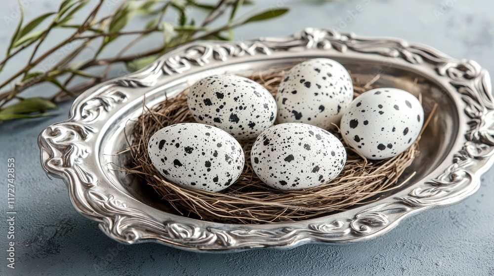 Easter Nest with Colorful Eggs and Willow Branches on Soft Blue Background