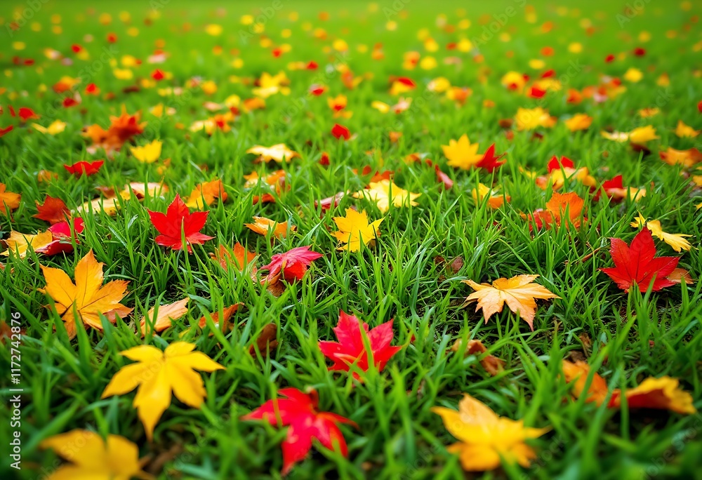 Autumn leaves scattered on the green grass Autumn leaves scattered on the green grass