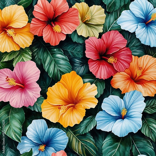 Wallpaper Mural Vibrant Tropical Hibiscus Flower Pattern Torontodigital.ca