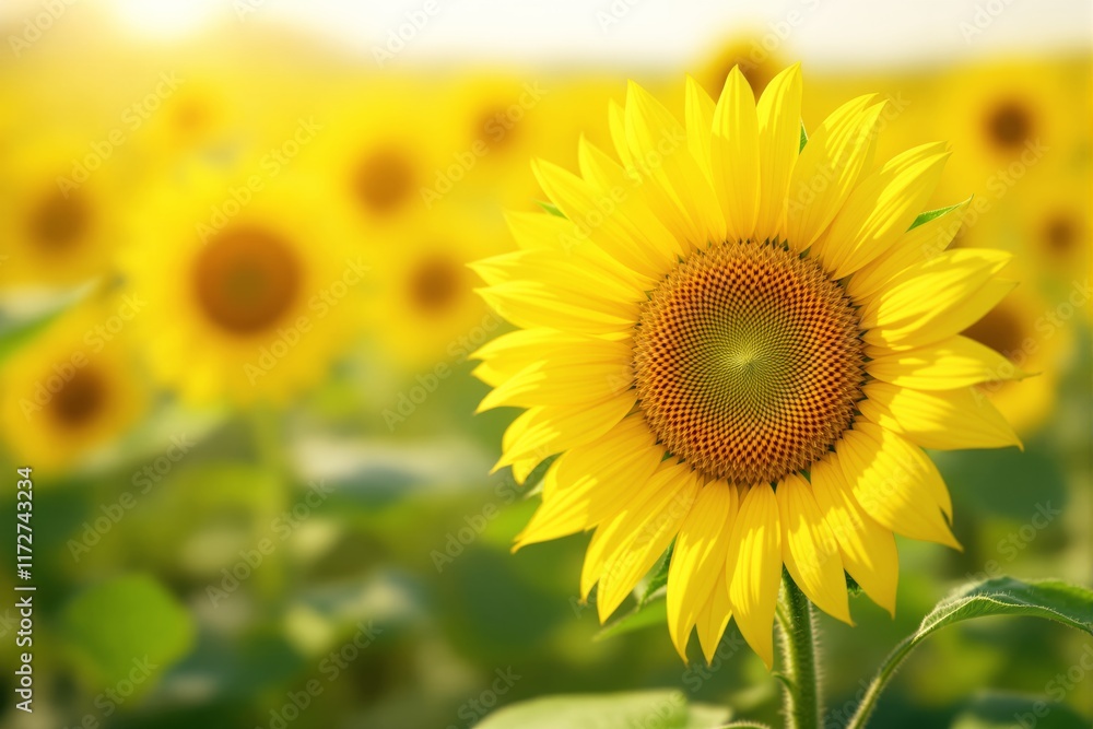 Fototapeta premium Bright sunflower in focus amid a field of sunflowers, sunny natural background, detailed petals, concept of nature's beauty. Ai generative
