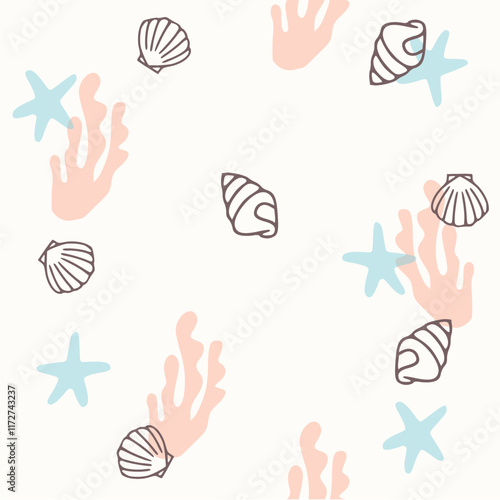 seamless pattern with seaweeds, corals, seashells, starfishes and sea urchin isolated. Underwater bouquet, Illustration for greeting cards,