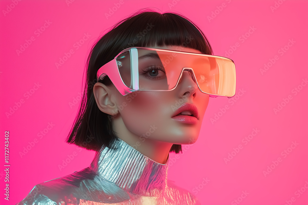 A futuristic portrait of a woman wearing a reflective metallic visor and a matching silver outfit.