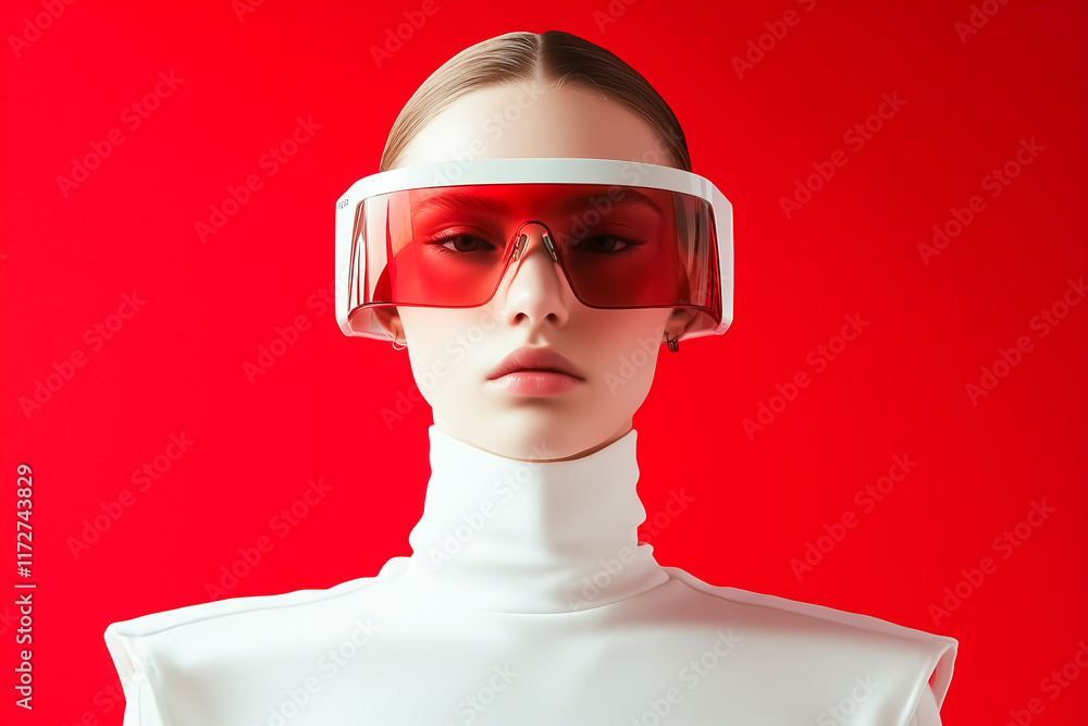 A futuristic portrait of a woman wearing bold red-tinted visor glasses and a high-collared white outfit. A futuristic portrait of a woman wearing bold red-tinted visor glasses and a high-collared white outfit.