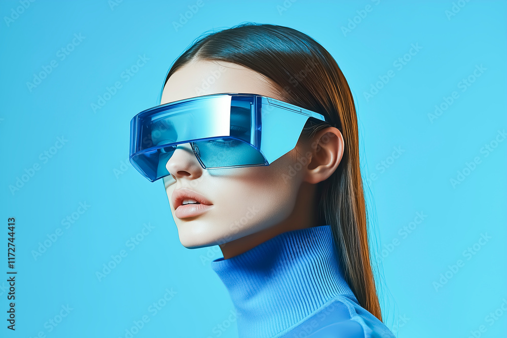 A futuristic close-up portrait of a woman wearing oversized transparent glasses and a metallic silver jacket. A futuristic close-up portrait of a woman wearing oversized transparent glasses and a metallic silver jacket.