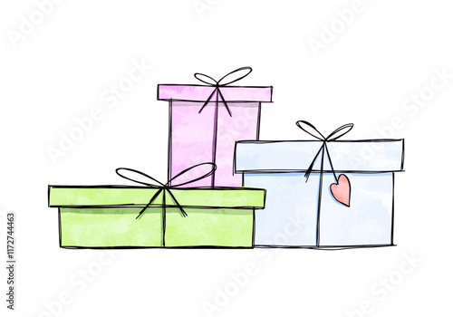 Watercolor doodle of three gift boxes. Vector illustration.