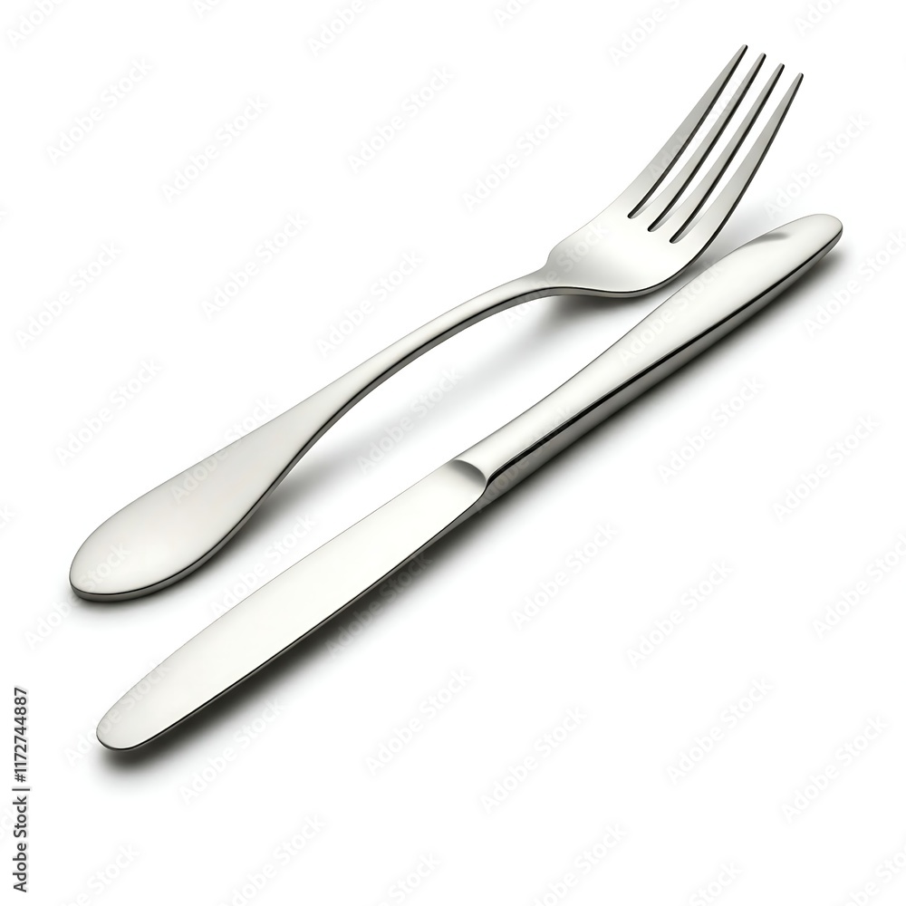 A silver knife and fork isolated on white background, kitchenware A silver knife and fork isolated on white background, kitchenware