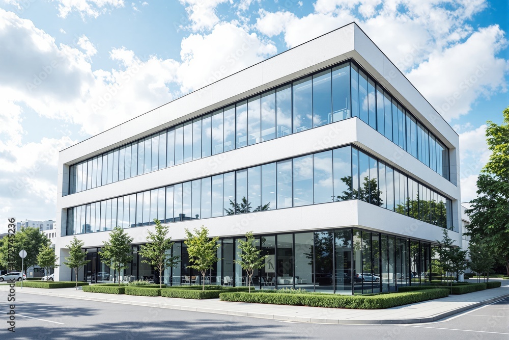 A modern office building with large glass windows, surrounded by trees and shrubs on a sunny day with a blue sky and clouds. Concept of architecture. Ai generative A modern office building with large glass windows, surrounded by trees and shrubs on a sunny day with a blue sky and clouds. Concept of architecture. Ai generative