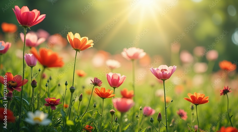Obraz premium Vibrant Wildflowers Blooming Under the Golden Sunlight.