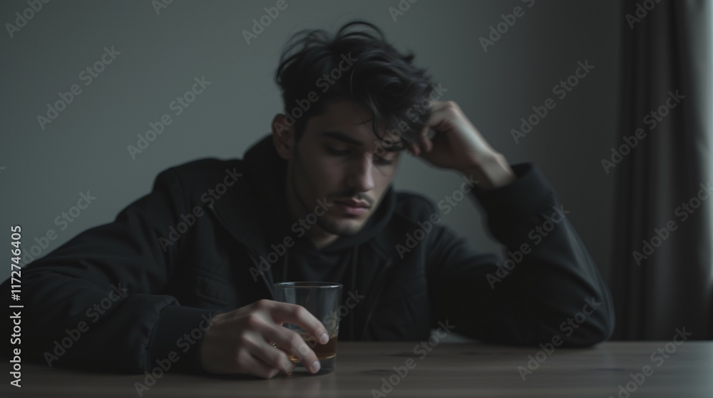 Young Man Sitting in Isolation with a Glass of Whiskey. Young Man Sitting in Isolation with a Glass of Whiskey.