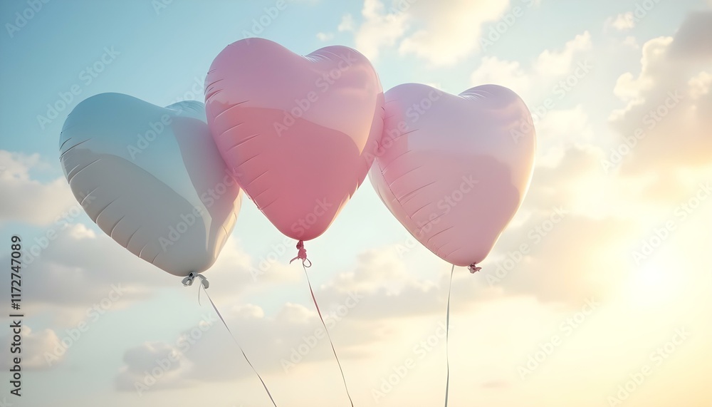Obraz premium Heart-Shaped Balloons: Floating heart-shaped balloons in soft pastel tones with a dreamy background.