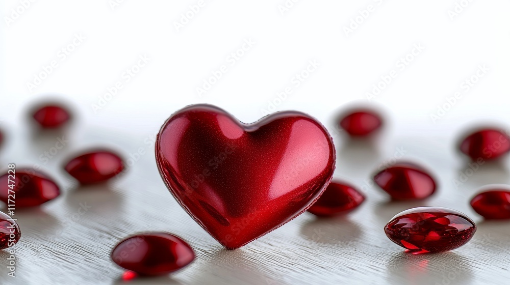 A shiny red heart surrounded by smaller red droplets, symbolizing love and affection, set against a soft, neutral background. A shiny red heart surrounded by smaller red droplets, symbolizing love and affection, set against a soft, neutral background.