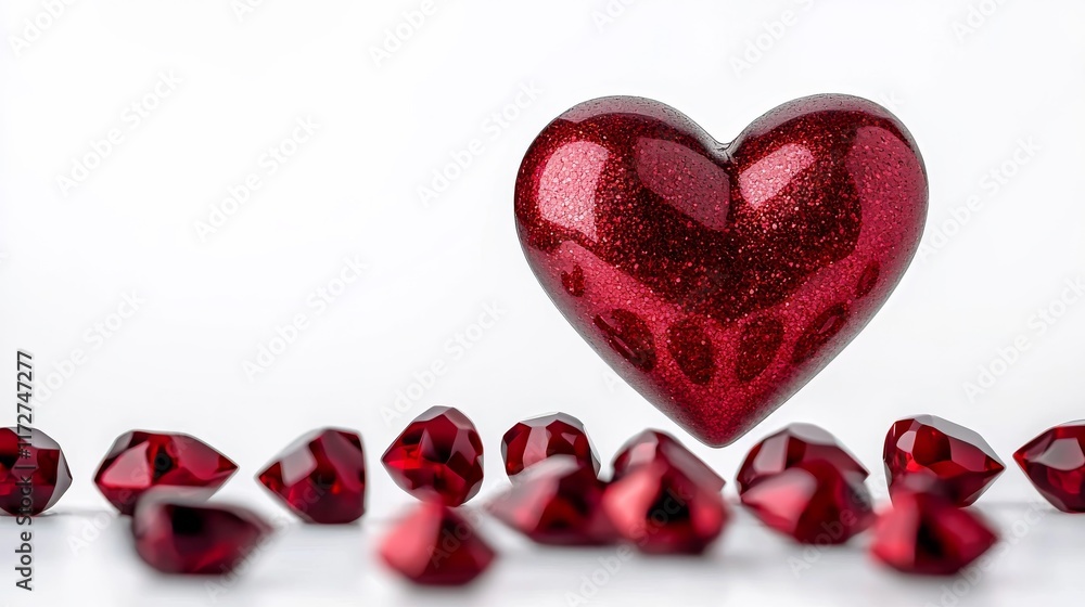 A sparkling red heart surrounded by smaller red gems on a light background, symbolizing love and affection. A sparkling red heart surrounded by smaller red gems on a light background, symbolizing love and affection.