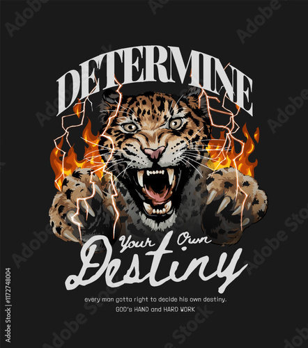 typography slogan with roaring leopard and lightning vector illustration on black background