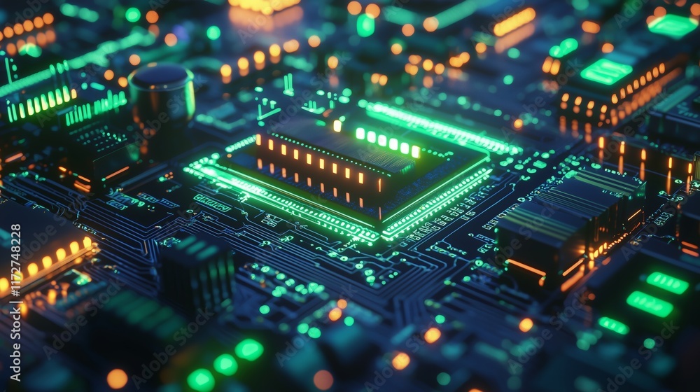 Vibrant circuitry illuminated by neon lights in a high-tech environment