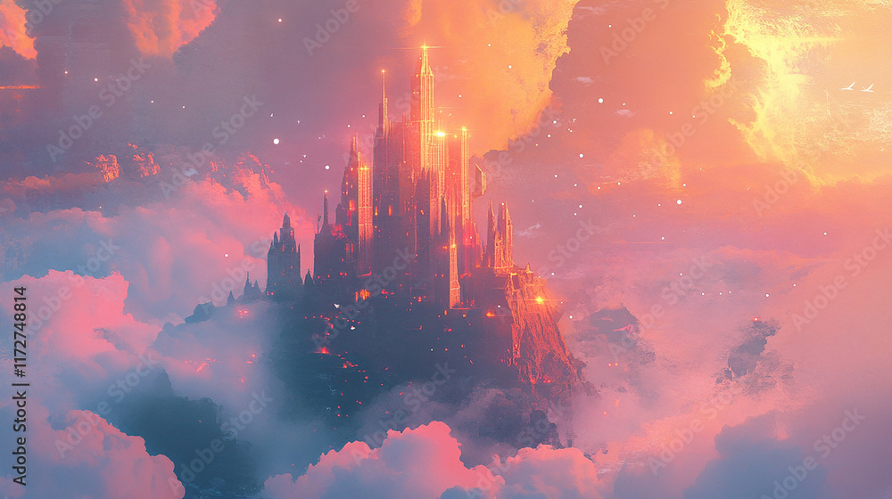 Fototapeta premium Magical Castle in the Clouds with Glowing Light Effects