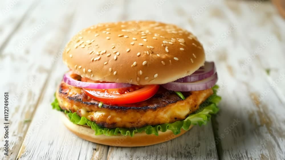 Classic sesame bun burger layered with crisp lettuce, fresh tomato, onions, and melted cheese Classic sesame bun burger layered with crisp lettuce, fresh tomato, onions, and melted cheese