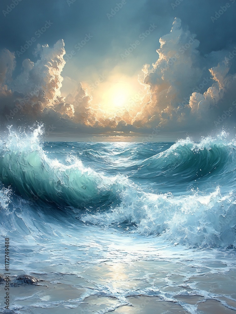Fototapeta premium Majestic Ocean Waves Crashing at Sunset: A Stunning Digital Painting. AI Generated