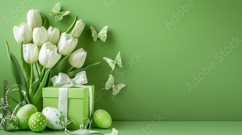 Elegant Easter Background with White Tulips and Decorated Eggs
