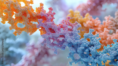 Vibrant molecular network showcasing protein folding in intricate detail, highlighting colorful structures and textures that evoke sense of scientific wonder and beauty