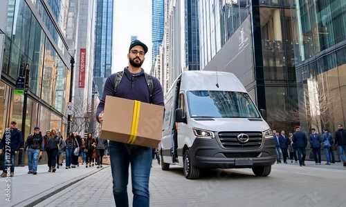 A delivery person carries a package in a busy city street.