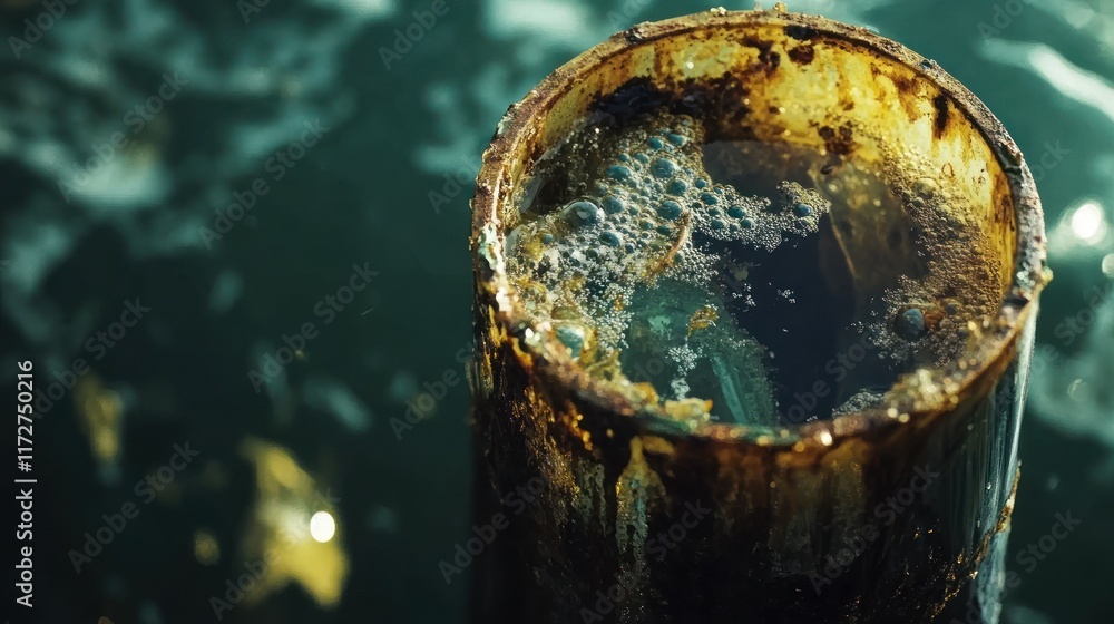 Close-up of rusty metal pipe submerged in murky water, showing bubbles and decay. Close-up of rusty metal pipe submerged in murky water, showing bubbles and decay.