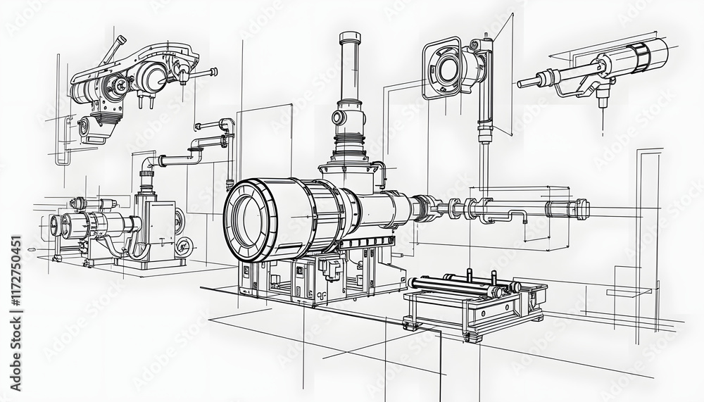 Obraz premium Industrial sketch drawings showcasing machine design concepts, angled photoshot, with white tones