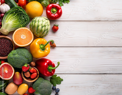 Healthy food background. Food photography different fruits and vegetables on white wooden ta photo