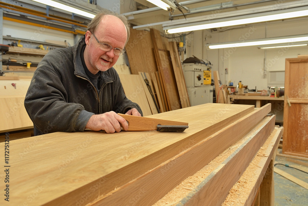 Carpenter working with wooden board in workshop Carpenter working with wooden board in workshop