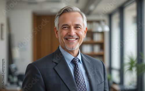 Happy mid aged older business man executive standing in office. Smiling 50 year old mature confident professional manager, confident businessman investor looking at camera, headshot close up portrait. photo