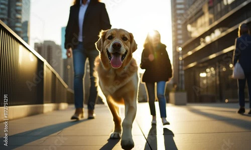 A joyful dog running with a child and an adult in sunlight.