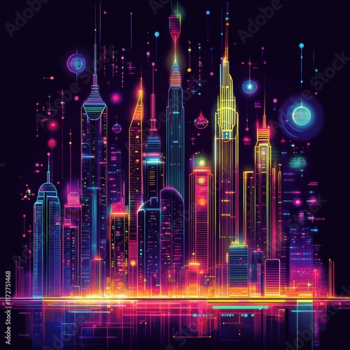 Futuristic City Skyline with Glowing Icons Urban Environment Digital Landscape Night View Vision of Sustainability and Innovation in Architecture photo