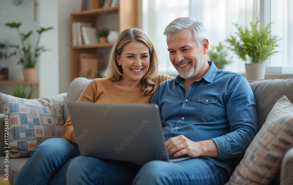 Happy middle aged couple using laptop relaxing on couch at home. Smiling mature man and woman looking at computer watching video, browsing or shopping in ecommerce store sitting on sofa in living room Happy middle aged couple using laptop relaxing on couch at home. Smiling mature man and woman looking at computer watching video, browsing or shopping in ecommerce store sitting on sofa in living room