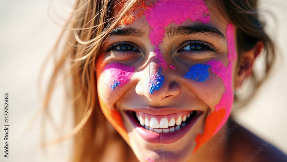 Smiling woman with face covered with bright multicolored shades of Holi powder, festival colors for campaigns and visual materials related to cultural festivals, art themes or advertising Smiling woman with face covered with bright multicolored shades of Holi powder, festival colors for campaigns and visual materials related to cultural festivals, art themes or advertising