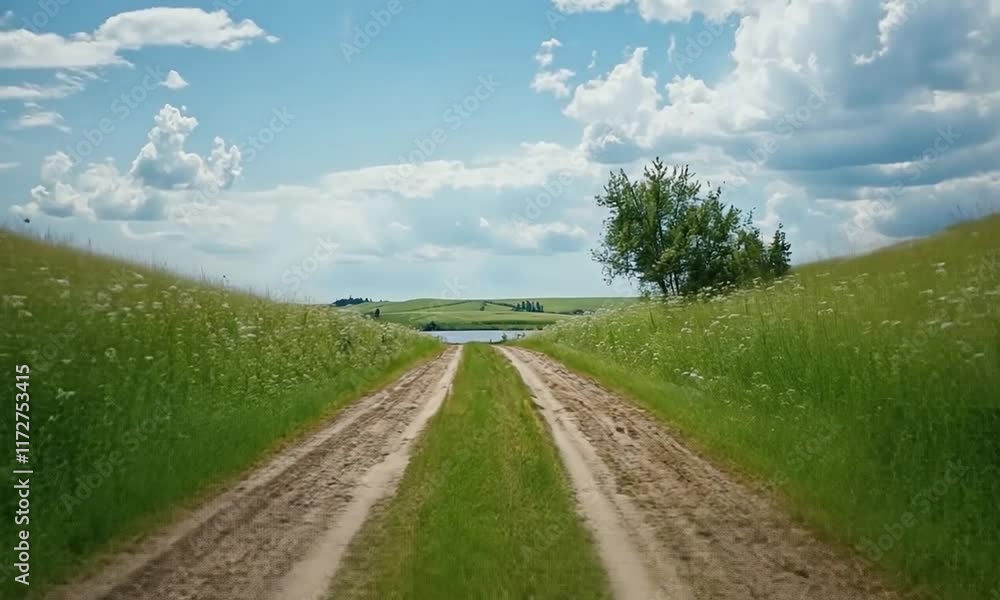 A serene dirt road surrounded by lush greenery and blue skies. A serene dirt road surrounded by lush greenery and blue skies.