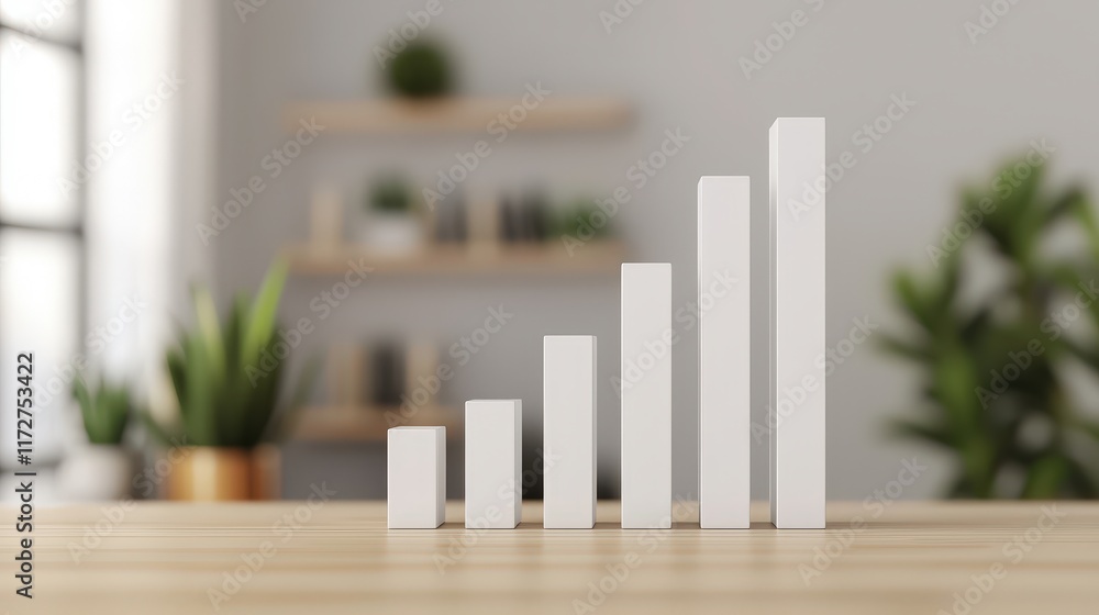 Fototapeta premium Graphical representation of growth with white bars on a wooden table in an office setting.