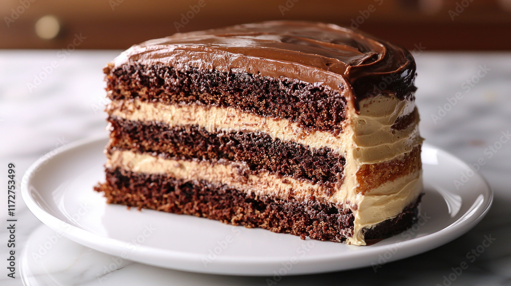 Chocolate cake slice with caramel filling on white plate, marble counter, wood background