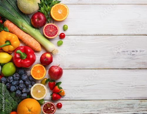 Healthy food background. Food photography different fruits and vegetables on white wooden ta photo