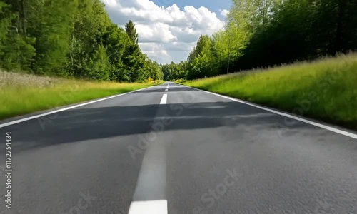 A serene road surrounded by lush greenery and blue skies.