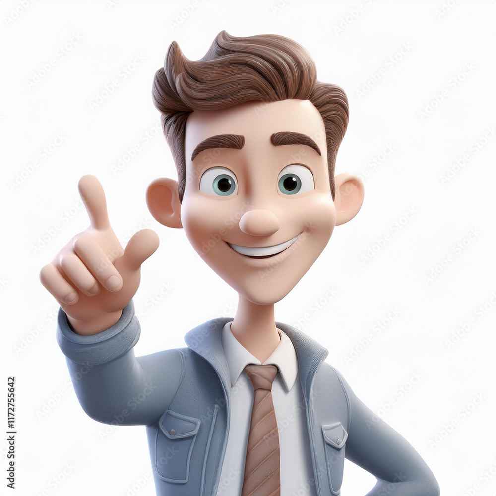Confident cartoon businessman pointing finger, radiating professional success with gleaming expression in stylized 3D rendering Confident cartoon businessman pointing finger, radiating professional success with gleaming expression in stylized 3D rendering