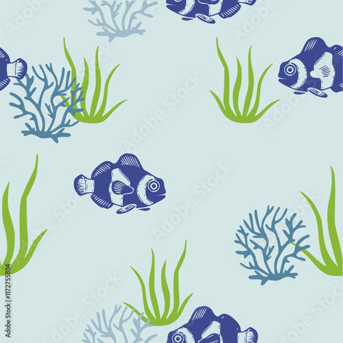 Set of sea style seamless patterns. Underwater creatures, starfish, sea horse, coral, fish. marine, nautical endless wallpaper, background. Endless