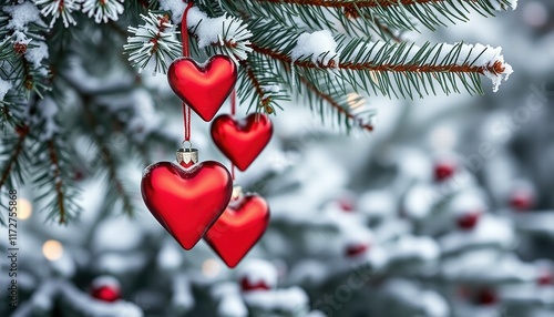 Red heart decorations on a tree and snow in a winter holiday setting photo