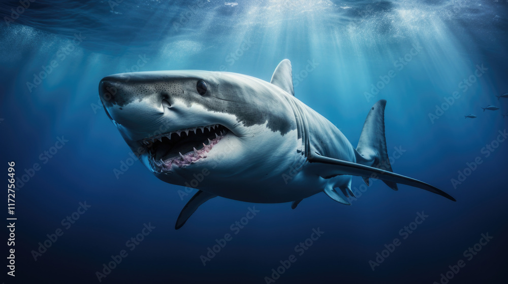 Naklejka premium Close-up of a shark underwater showcasing its powerful presence and sharp features in a deep blue aquatic environment. World Oceans Day. Shark Awareness Day. Earth Day.