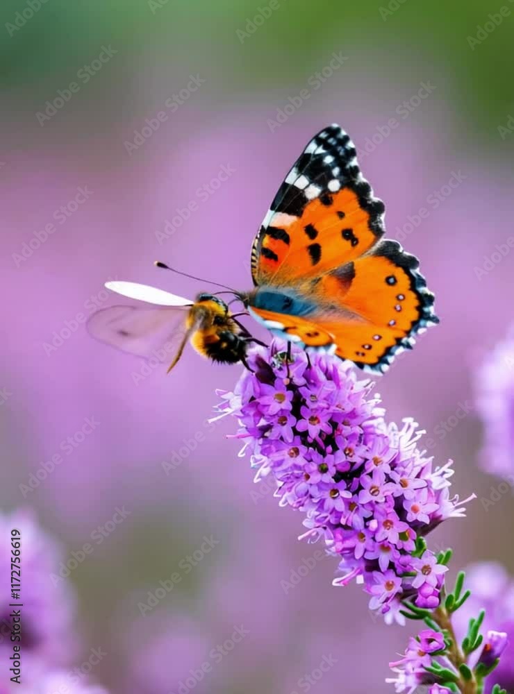 A vibrant scene of an orange butterfly and a bee sharing a lavender flower, set against a soft purple background, capturing the beauty of nature and pollination.
A vibrant scene of an orange butterfly and a bee sharing a lavender flower, set against a soft purple background, capturing the beauty of nature and pollination.