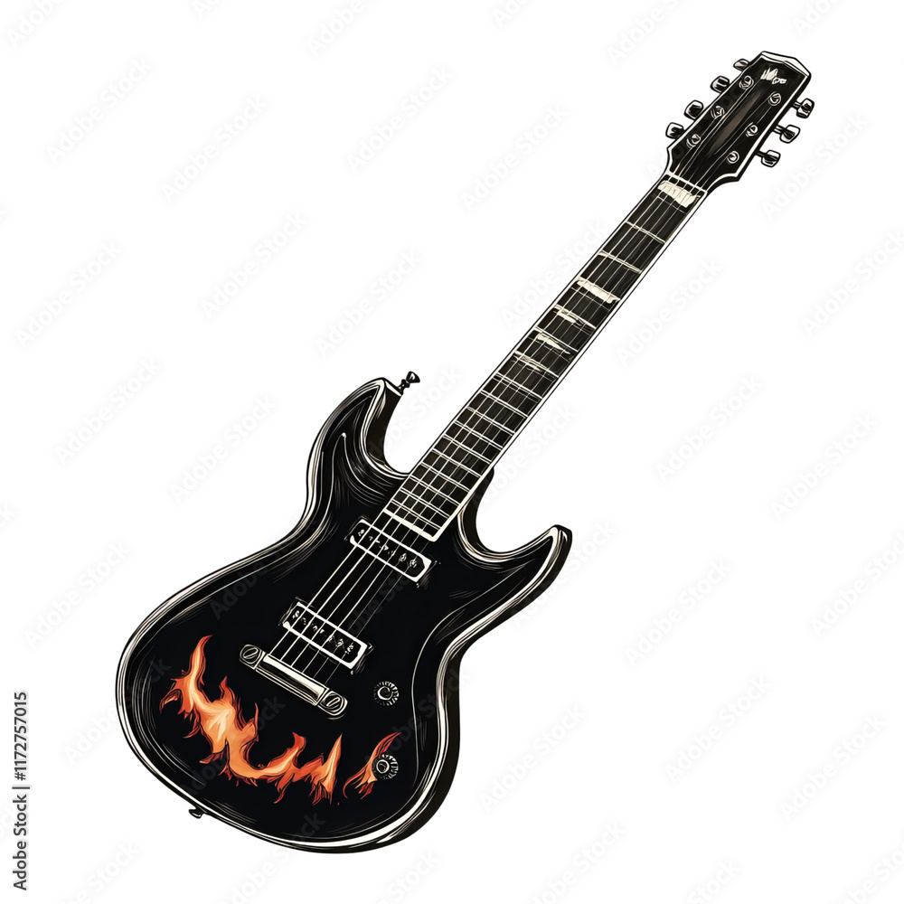 Obraz premium Fiery Electric Guitar: This iconic electric guitar, embellished with dynamic flames, embodies the essence of rock and roll, perfect for music-themed projects.