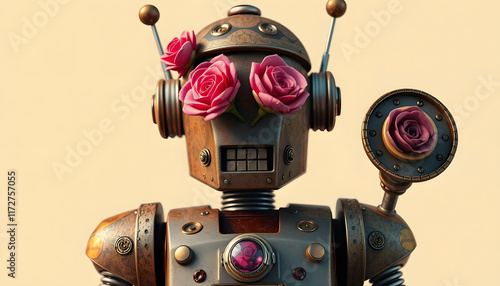 3d vintage robot with bouquet pinkish brown, comic art, with white tones photo