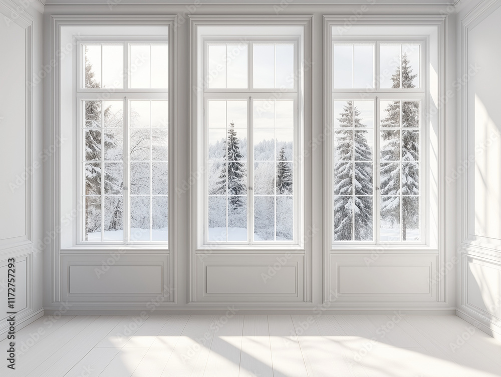 Fototapeta premium A 3D-rendered Scandinavian interior design featuring a white living room with a sofa and a picturesque winter landscape visible through window