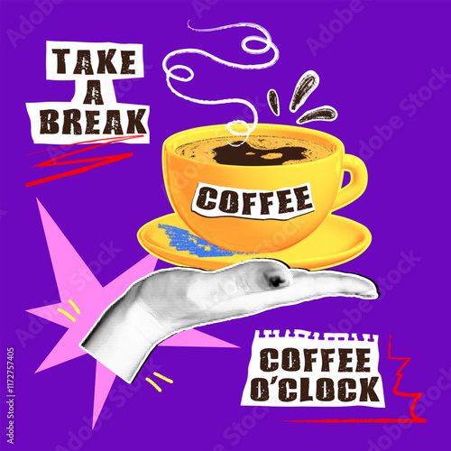 Cut out coffee collage stickers. Halftone hand holding a cup of cappuccino. Scattered notes with positive quotes and inscriptions on paper, trendy cafe elements.