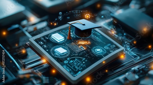 Close-up of a digital education dashboard with glowing of a graduation cap and an open book, symbolizing online learning