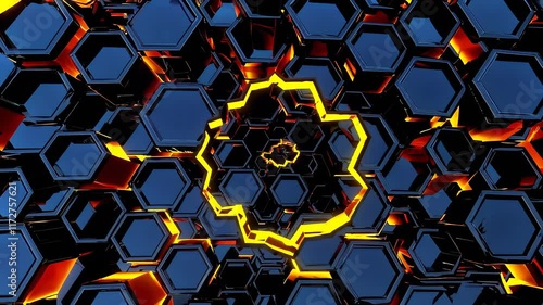 Intricate Hexagonal Patterns Illuminated by Vibrant Orange Glow in a Dark Space